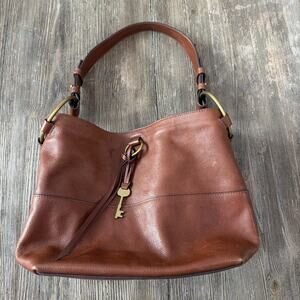 Fossil Ada Bucket Bag purse leather brown keys shoulder bohemian cottagecore